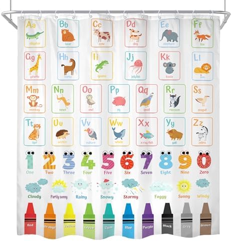 Cinbloo Alphabet ABC Kids Shower Curtain Set 72x72 with 12 Hooks
