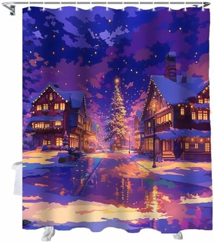 72 Inch Cartoon Purple Christmas Shower Curtain Set with 12 Hooks