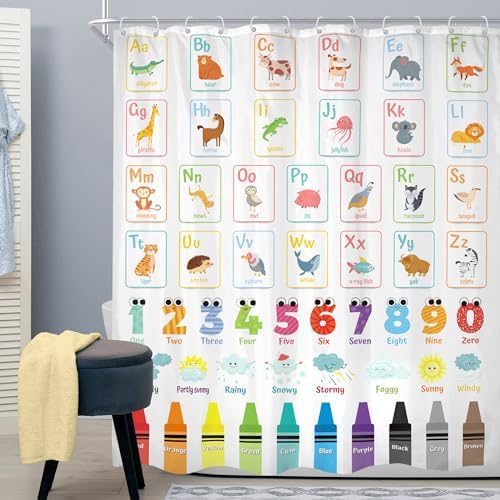Cinbloo Alphabet ABC Kids Shower Curtain Set 72x72 with 12 Hooks