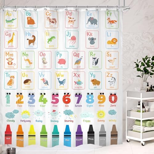 Cinbloo Alphabet ABC Kids Shower Curtain Set 72x72 with 12 Hooks
