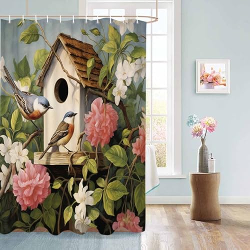 72 Inch Spring Floral Bird Shower Curtain Set with 12 Hooks