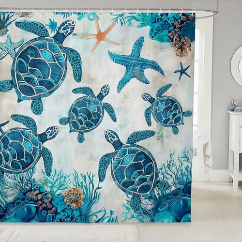 Kids Turtle Fabric Shower Curtain with 17 Hooks