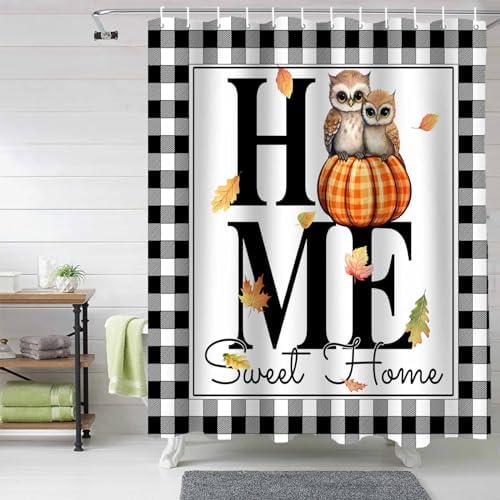 72 Inches Plaid Owl Shower Curtain Set with 12 Hooks