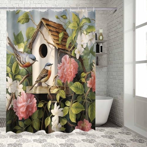 72 Inch Spring Floral Bird Shower Curtain Set with 12 Hooks