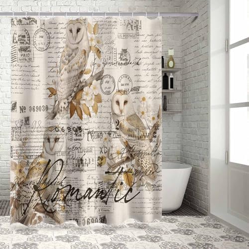 72 Inches Retro Bird Owl Flower Shower Curtain Set with 12 Hooks