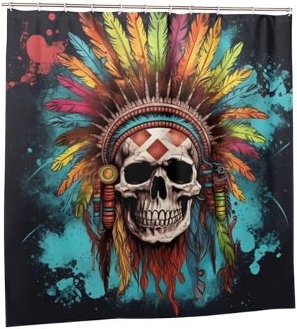 TIYAANDSY Blue Feather Skull Shower Curtain Set 72x72in