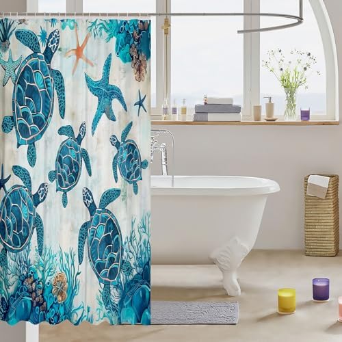 Kids Turtle Fabric Shower Curtain with 17 Hooks