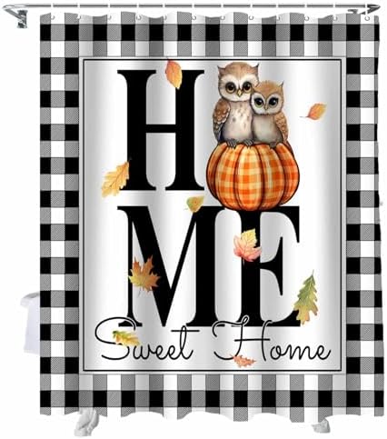 72 Inches Plaid Owl Shower Curtain Set with 12 Hooks