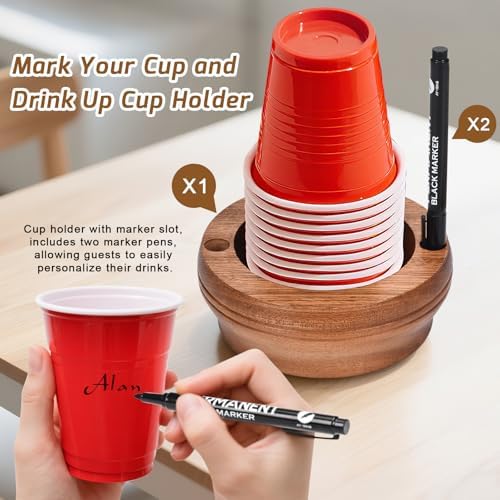 Wooden Cup Holder with Marker Slot - Walnut Design
