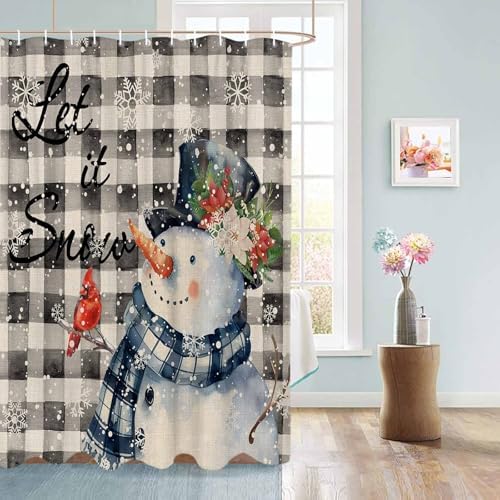 Funnywall88 72 Inches Retro Gray Plaid Snowman Shower Curtain Set