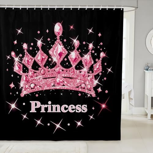 Erosebridal Pink and Black Shower Curtain Set with 12 Hooks