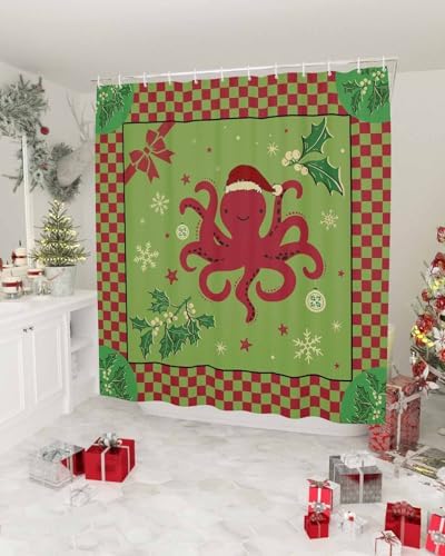 72 Inches Christmas Octopus Shower Curtain Set with 12 Hooks