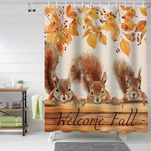 72 Inches Squirrels Fall Wood Ginkgo Shower Curtain Set with 12 Hooks