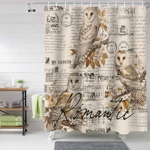 72 Inches Retro Bird Owl Flower Shower Curtain Set with 12 Hooks