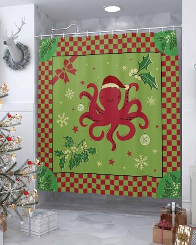 72 Inches Christmas Octopus Shower Curtain Set with 12 Hooks