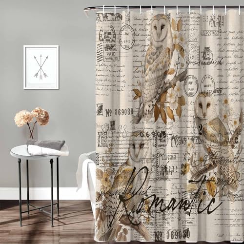 72 Inches Retro Bird Owl Flower Shower Curtain Set with 12 Hooks