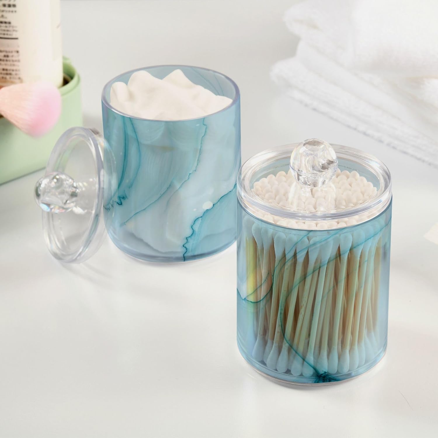 Blue Wave Marble Qtip Holder Dispenser with Lids 4PCS Set