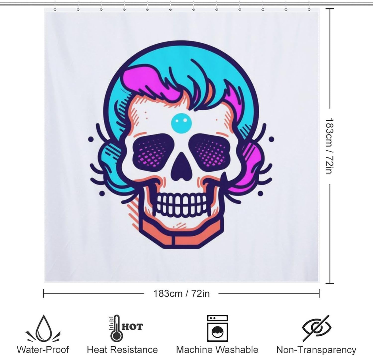 Cartoon Skull Shower Curtain Set 72x72in Red Blue Waterproof Design with 12 Hooks