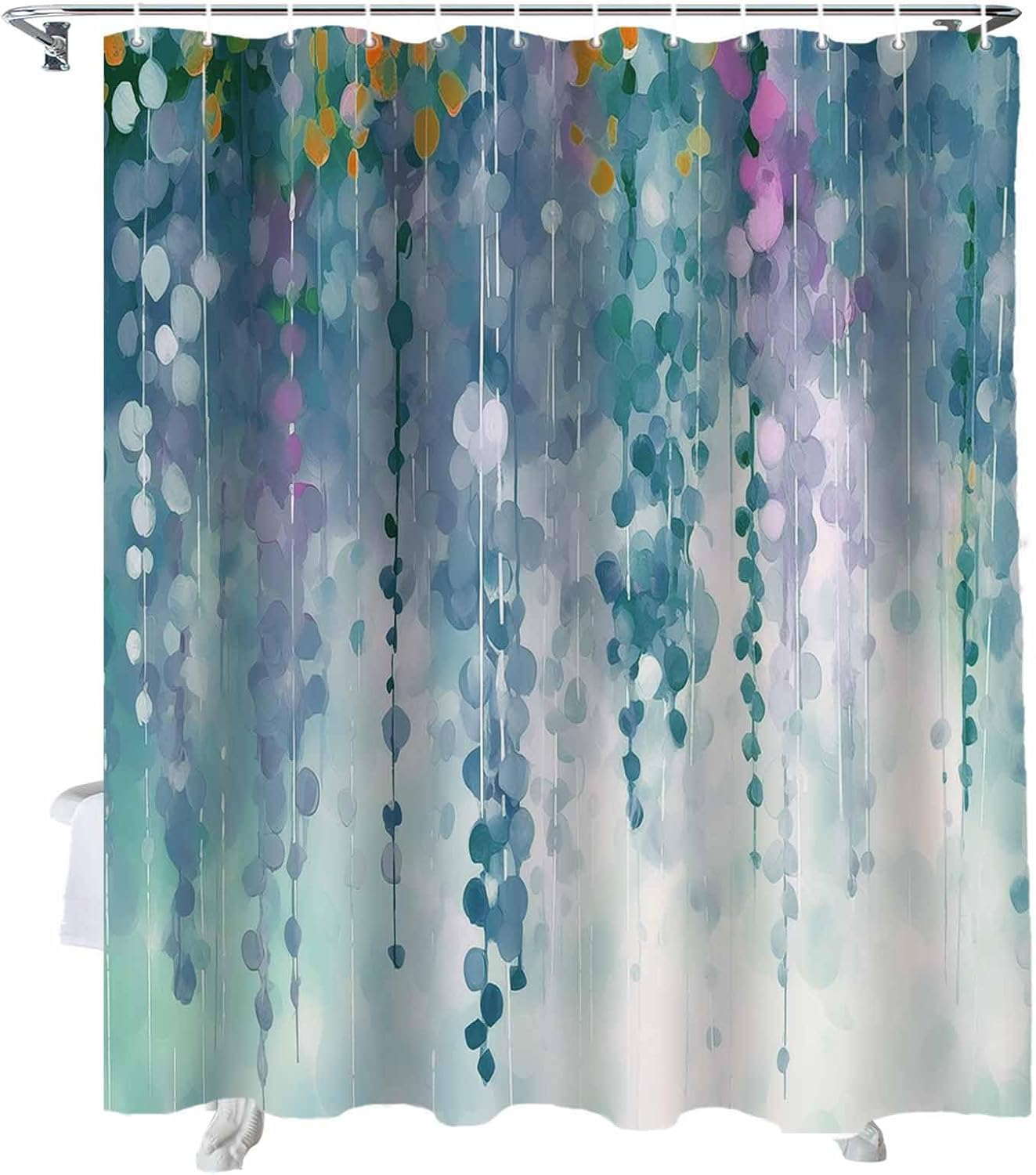 72 Inches Green Spring Floral Shower Curtain Set with 12 Hooks