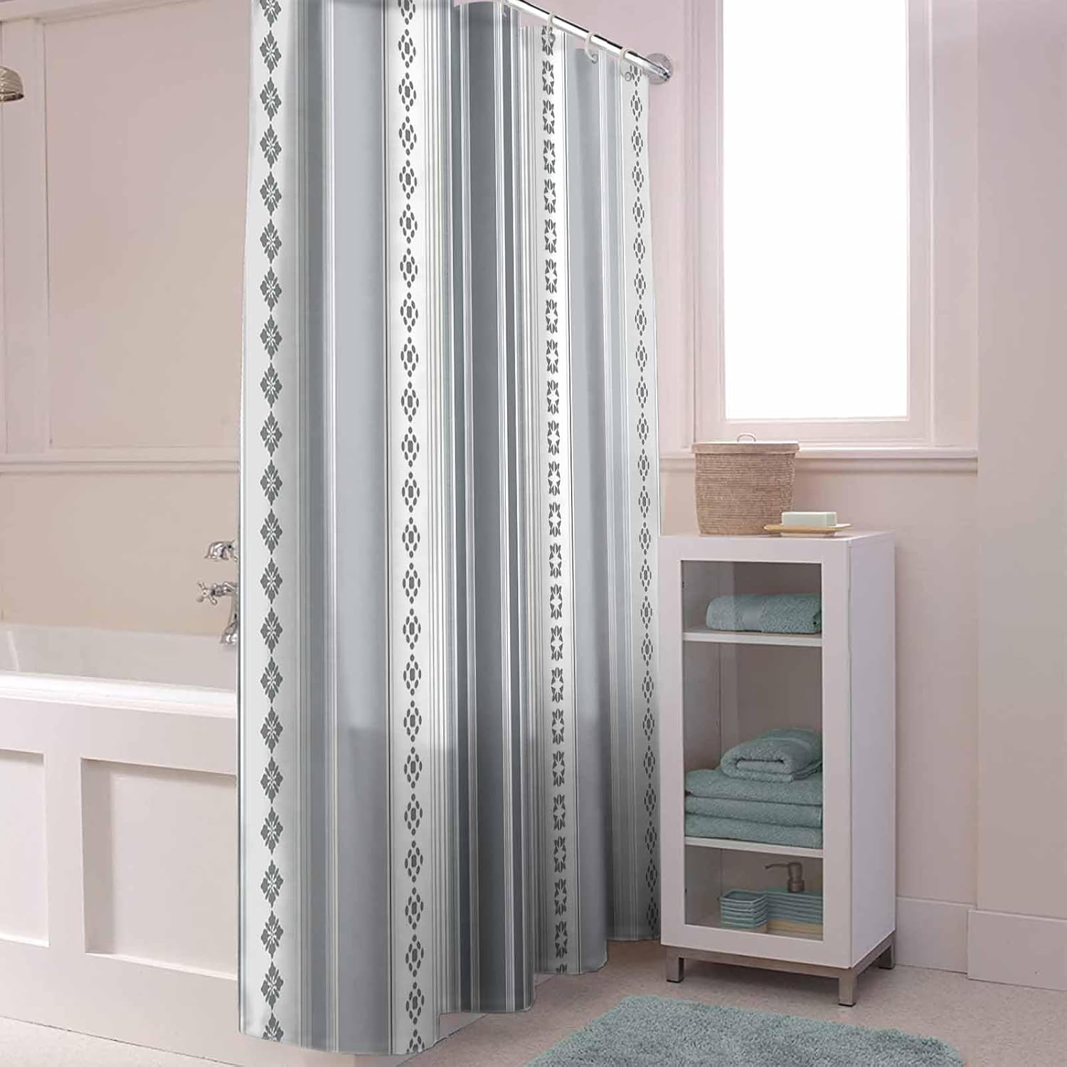 72 Inches Grey Gradient Floral Shower Curtain Set with 12 Hooks