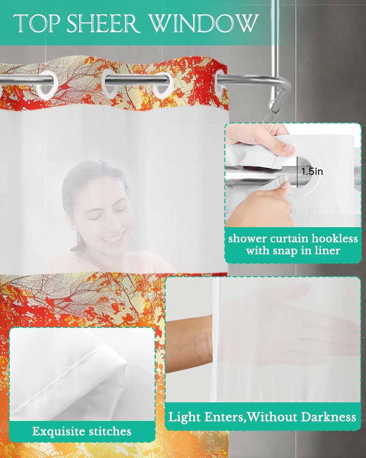 Waterproof No Hook Shower Curtain Set with Snap Liner 72x72 Inch