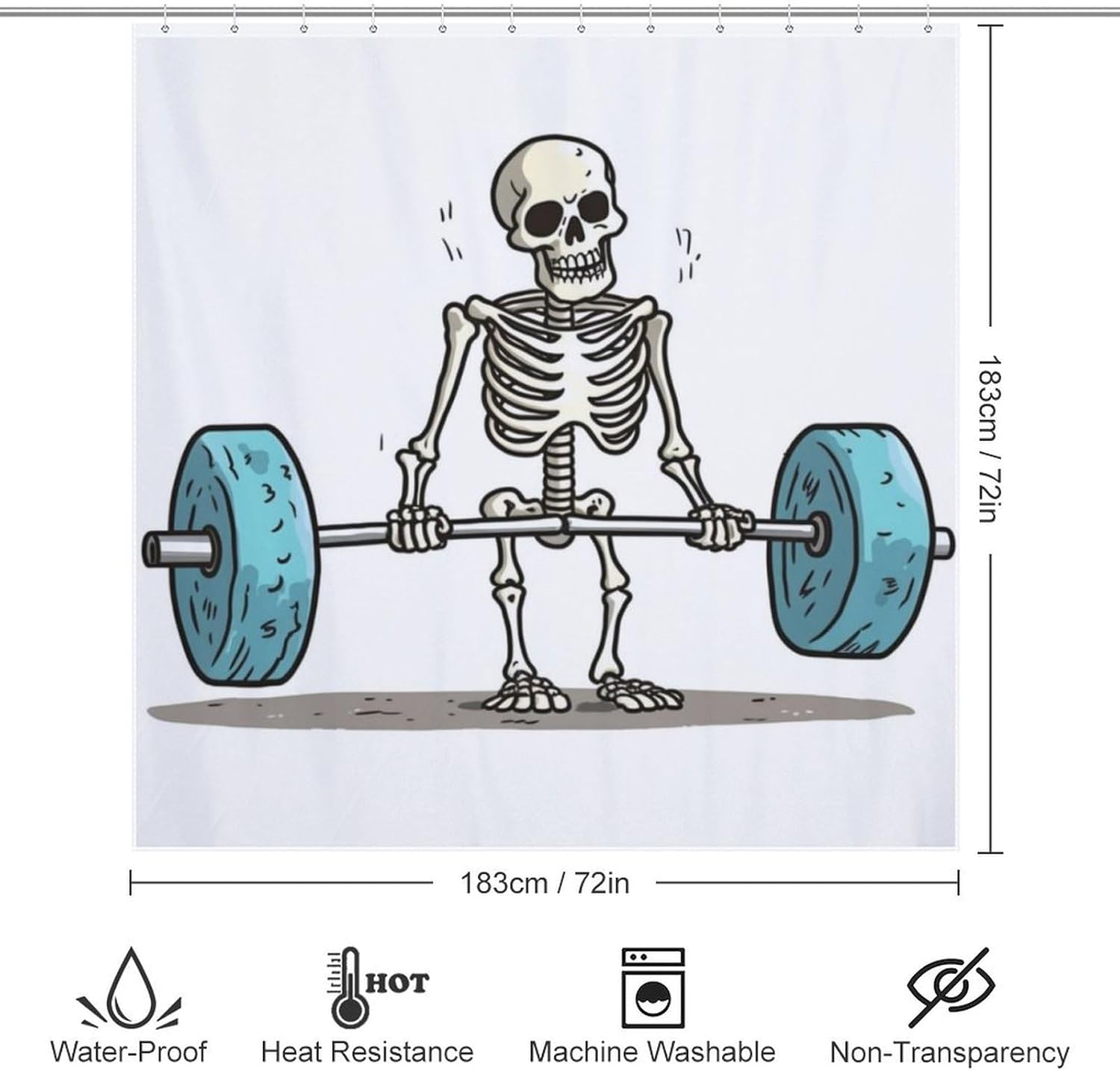 Weightlifting Skeleton Shower Curtain Set with 12 Hooks 72x72in