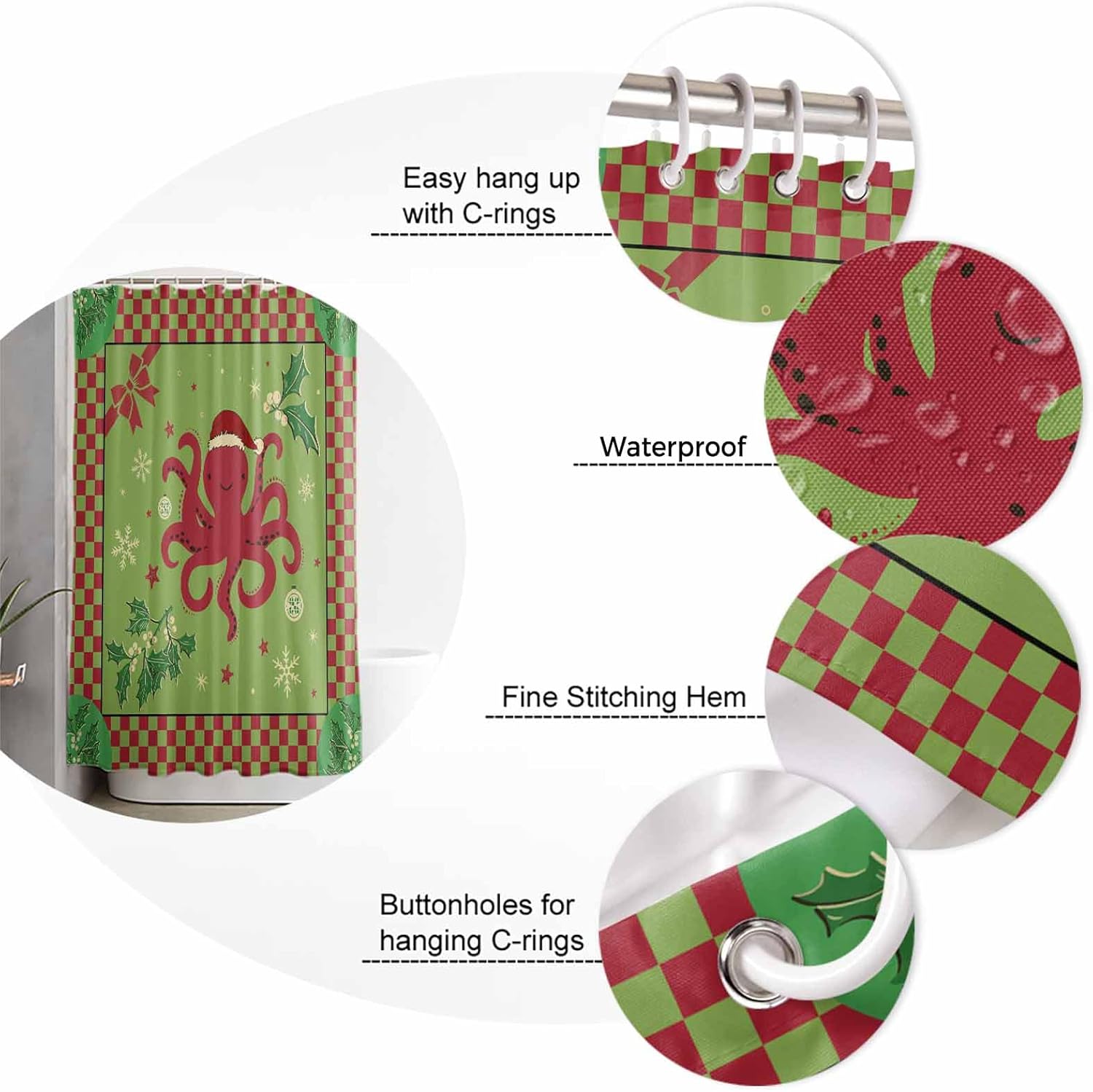 72 Inches Christmas Octopus Shower Curtain Set with 12 Hooks