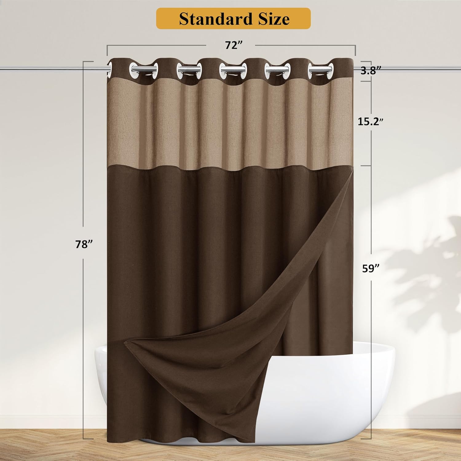 No Hooks Linen Shower Curtain Set 72x78 Brown with See-Through Window