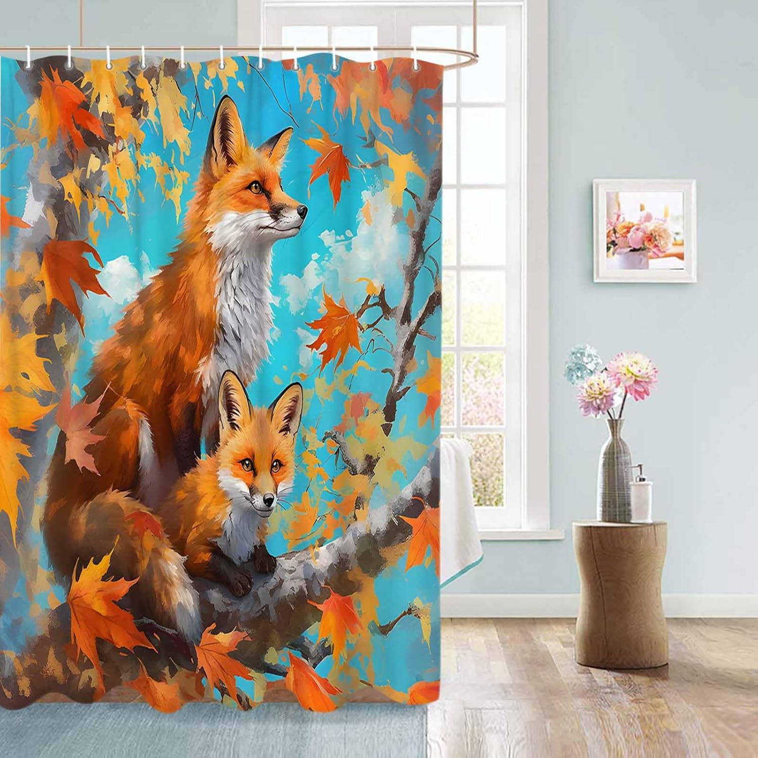 72 Nature Foxes Shower Curtain Set with 12 Hooks