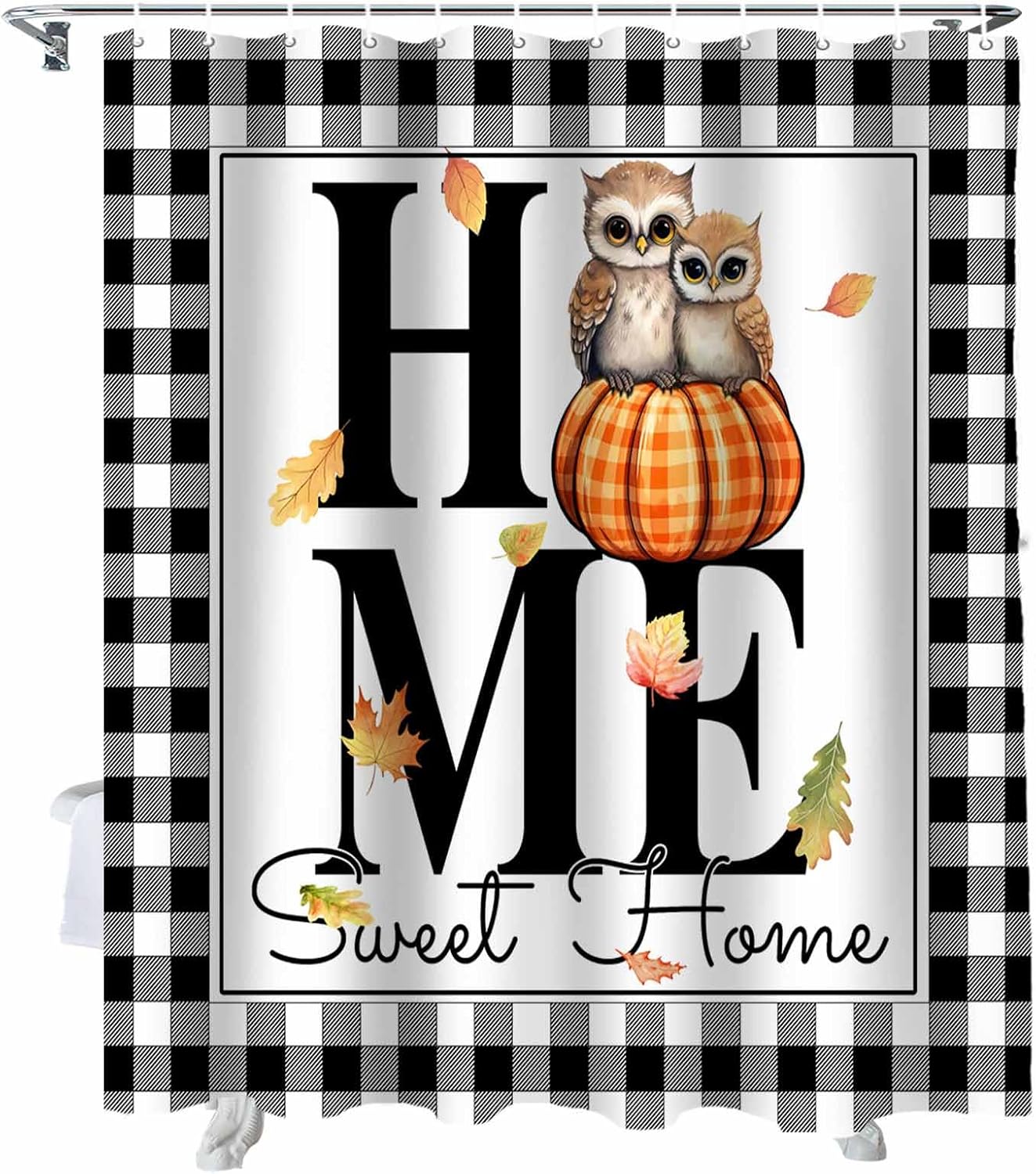 72 Inches Plaid Owl Shower Curtain Set with 12 Hooks