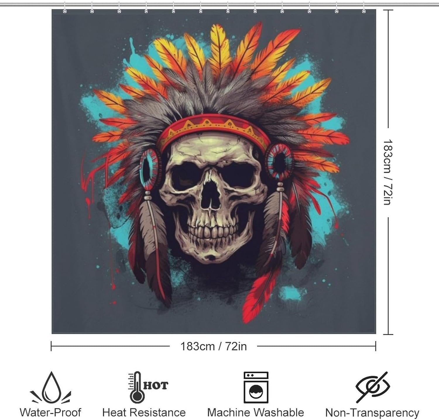 Red Feather Skull Boho Shower Curtain Set