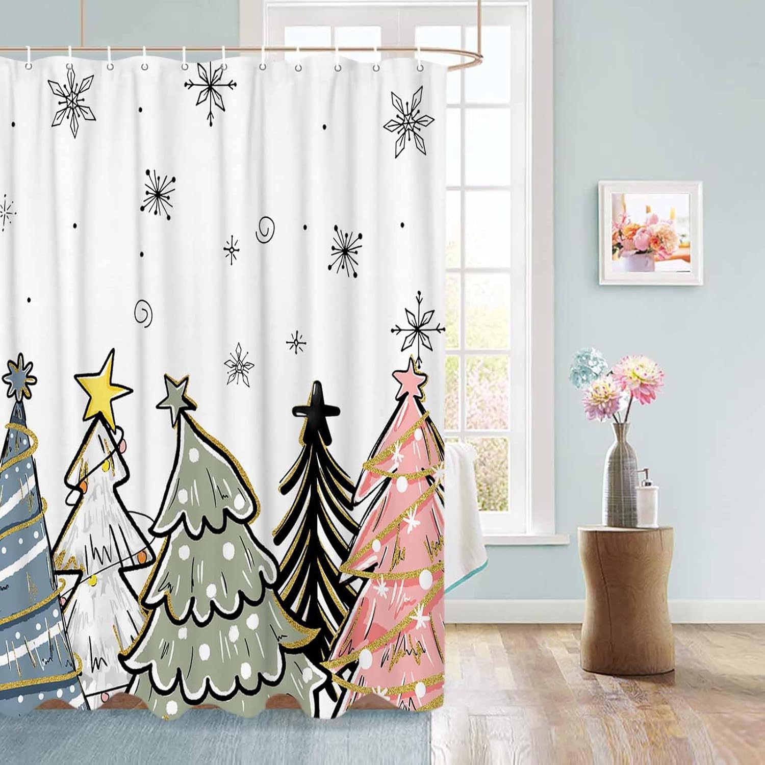 72 Sage Green Pine Tree Shower Curtain Set with 12 Hooks