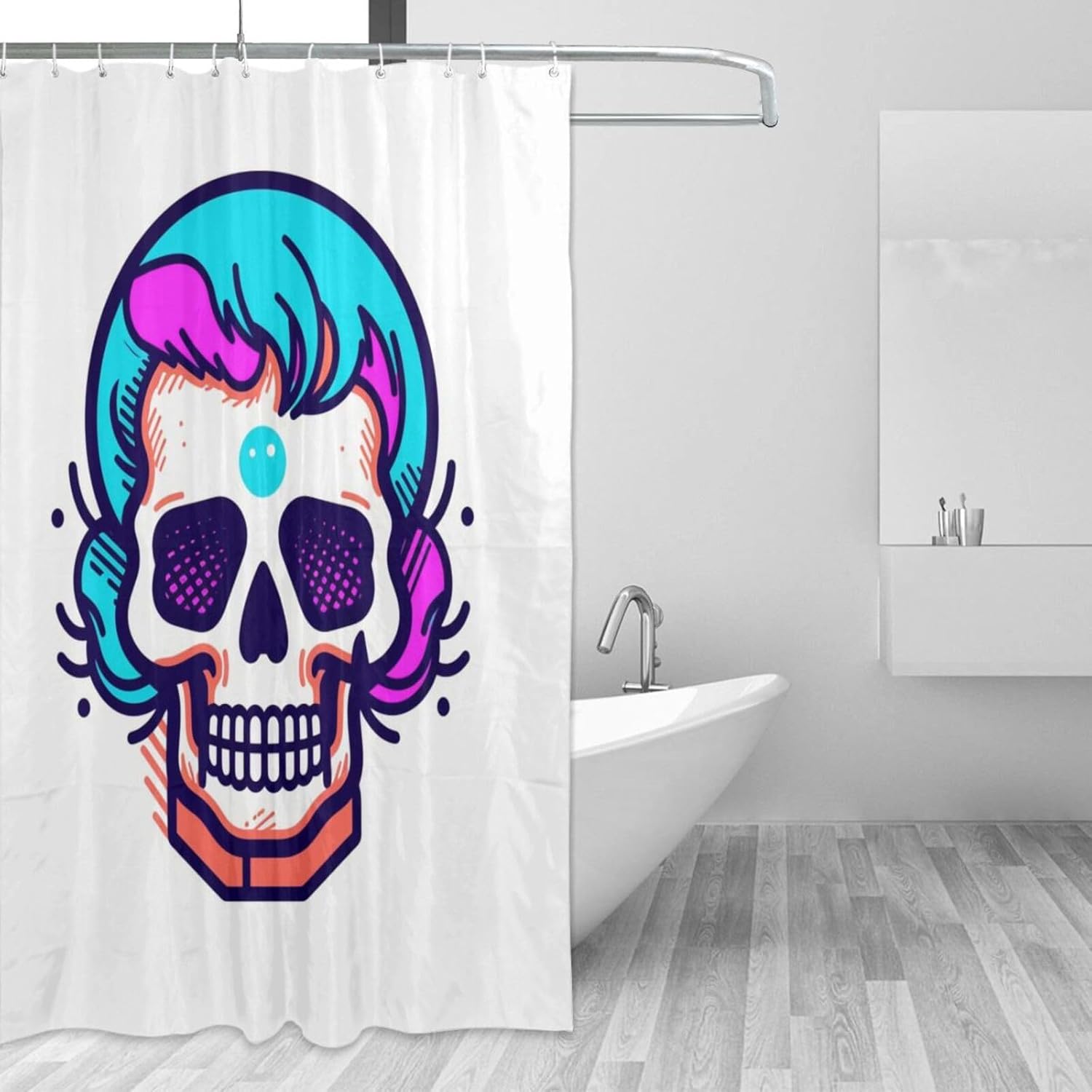 Cartoon Skull Shower Curtain Set 72x72in Red Blue Waterproof Design with 12 Hooks