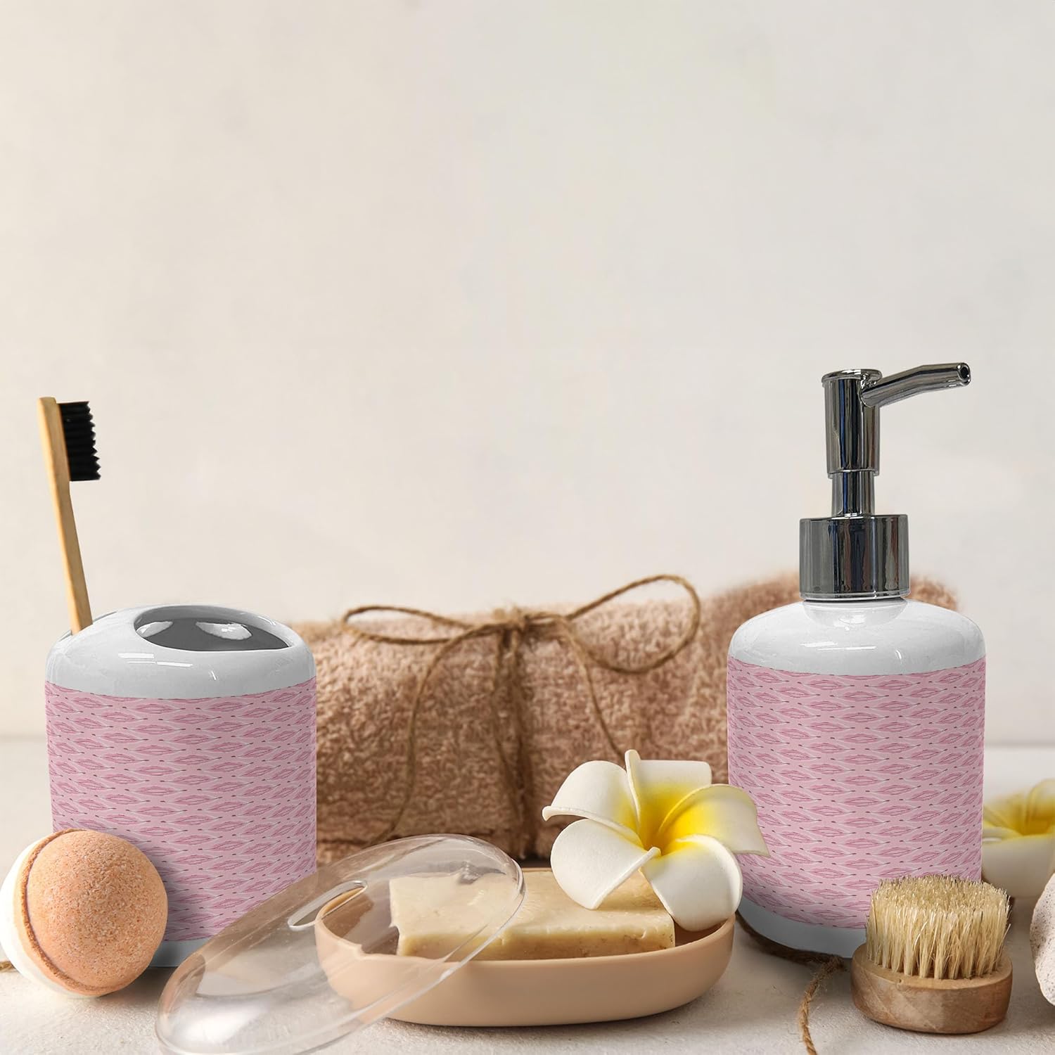 Ambesonne Pink Soap Dispenser Toothbrush Holder Set