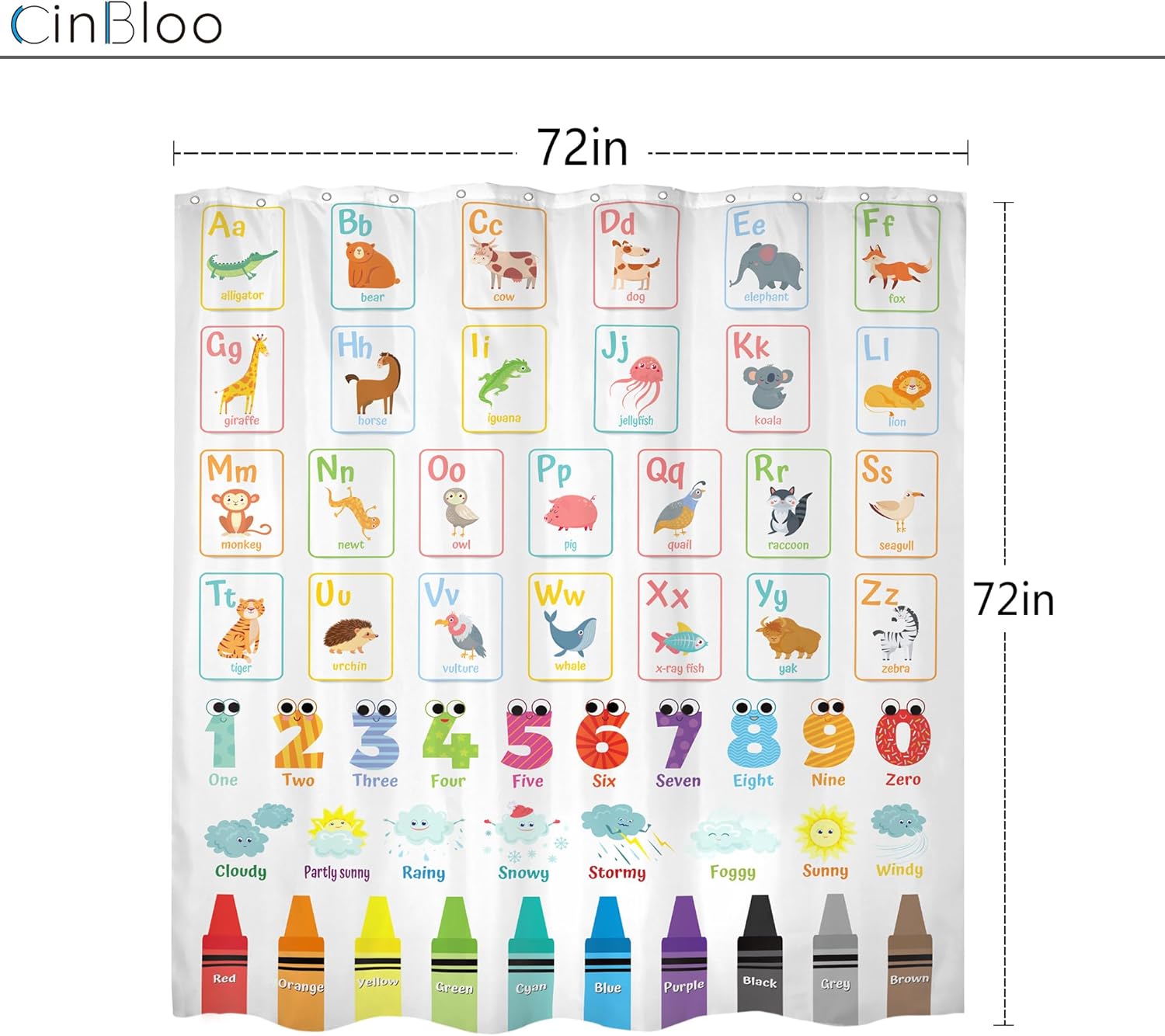 Cinbloo Alphabet ABC Kids Shower Curtain Set 72x72 with 12 Hooks