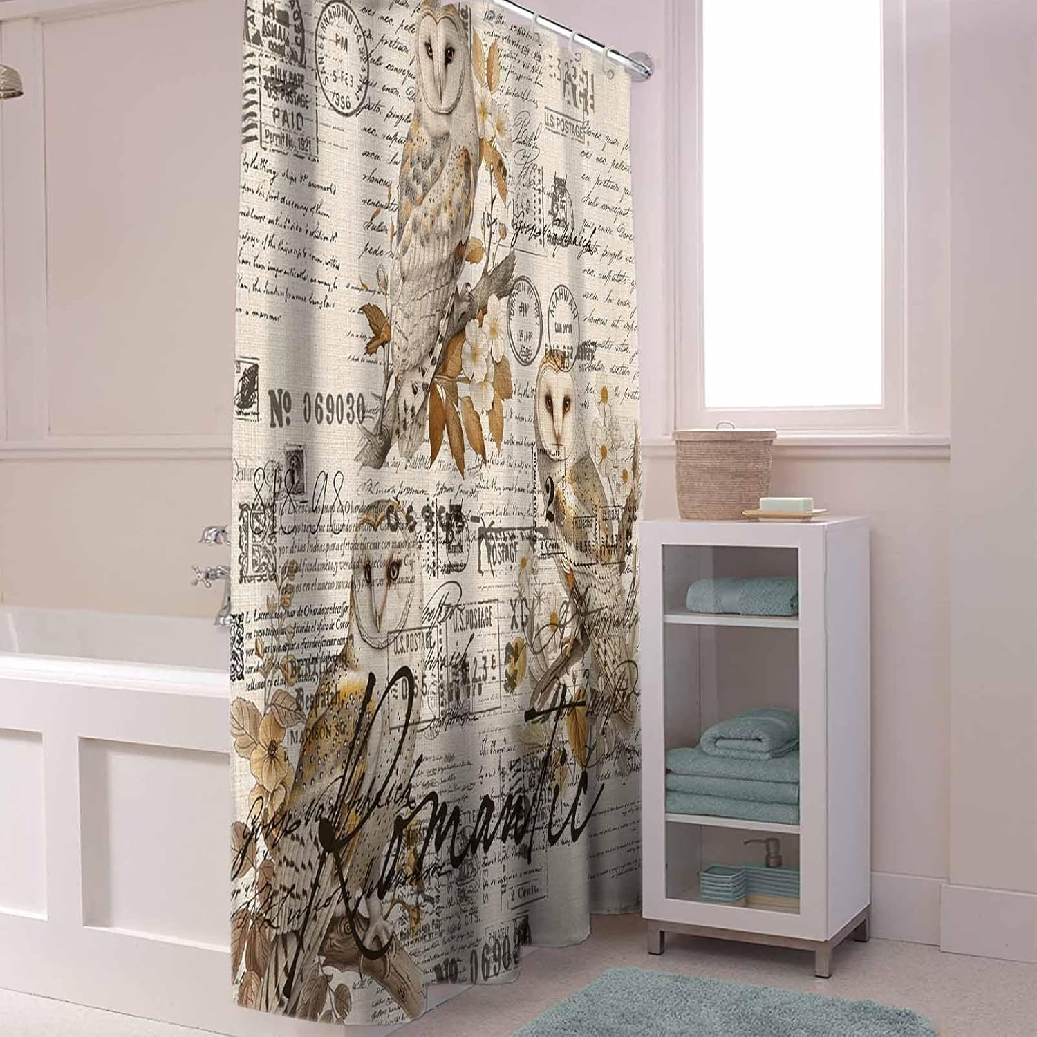 72 Inches Retro Bird Owl Flower Shower Curtain Set with 12 Hooks