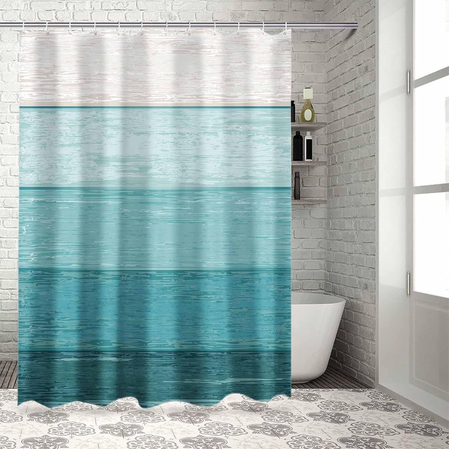 Funnywall88 72 Inches Teal Gradient Shower Curtain Set with 12 Hooks