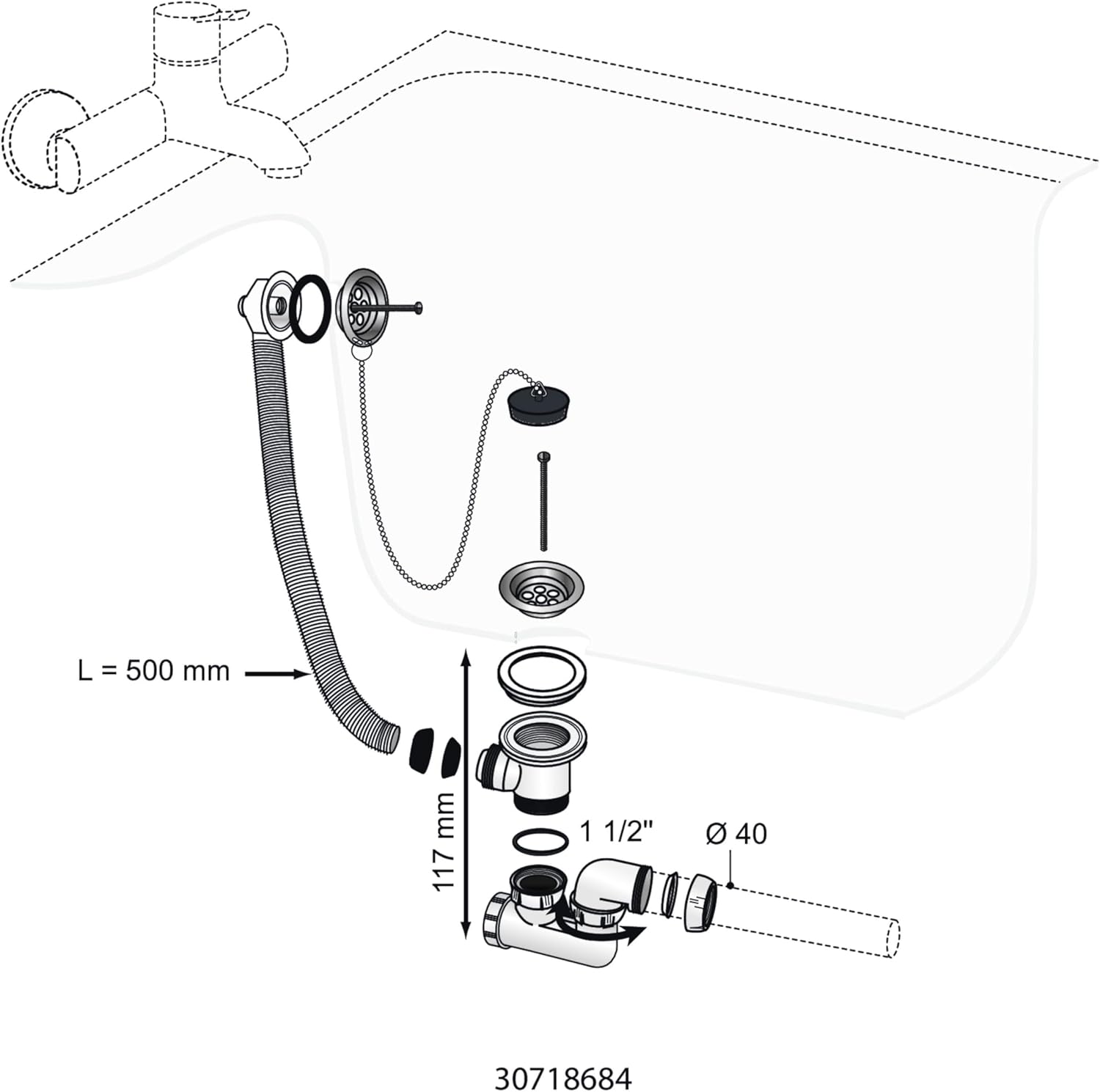 Wirquin SP5502 Bath Drain Unit with Plug and Chain 1
