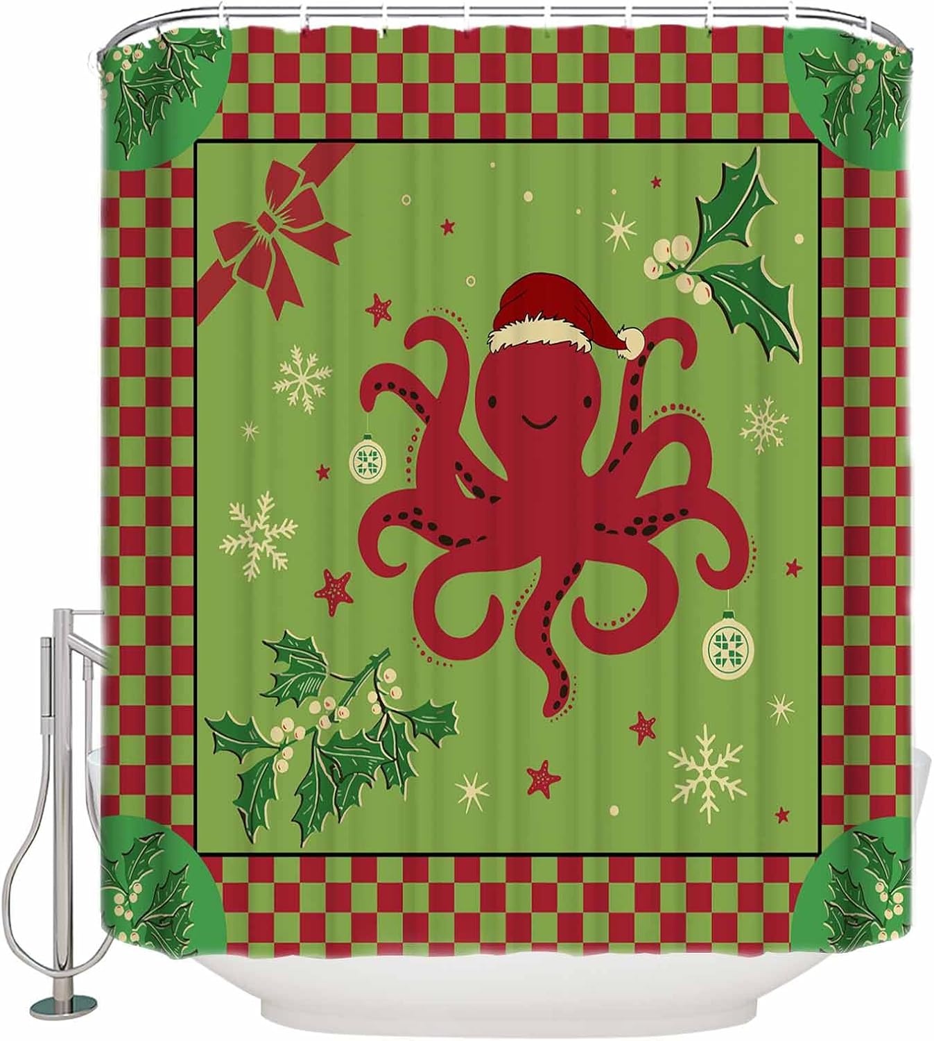 72 Inches Christmas Octopus Shower Curtain Set with 12 Hooks