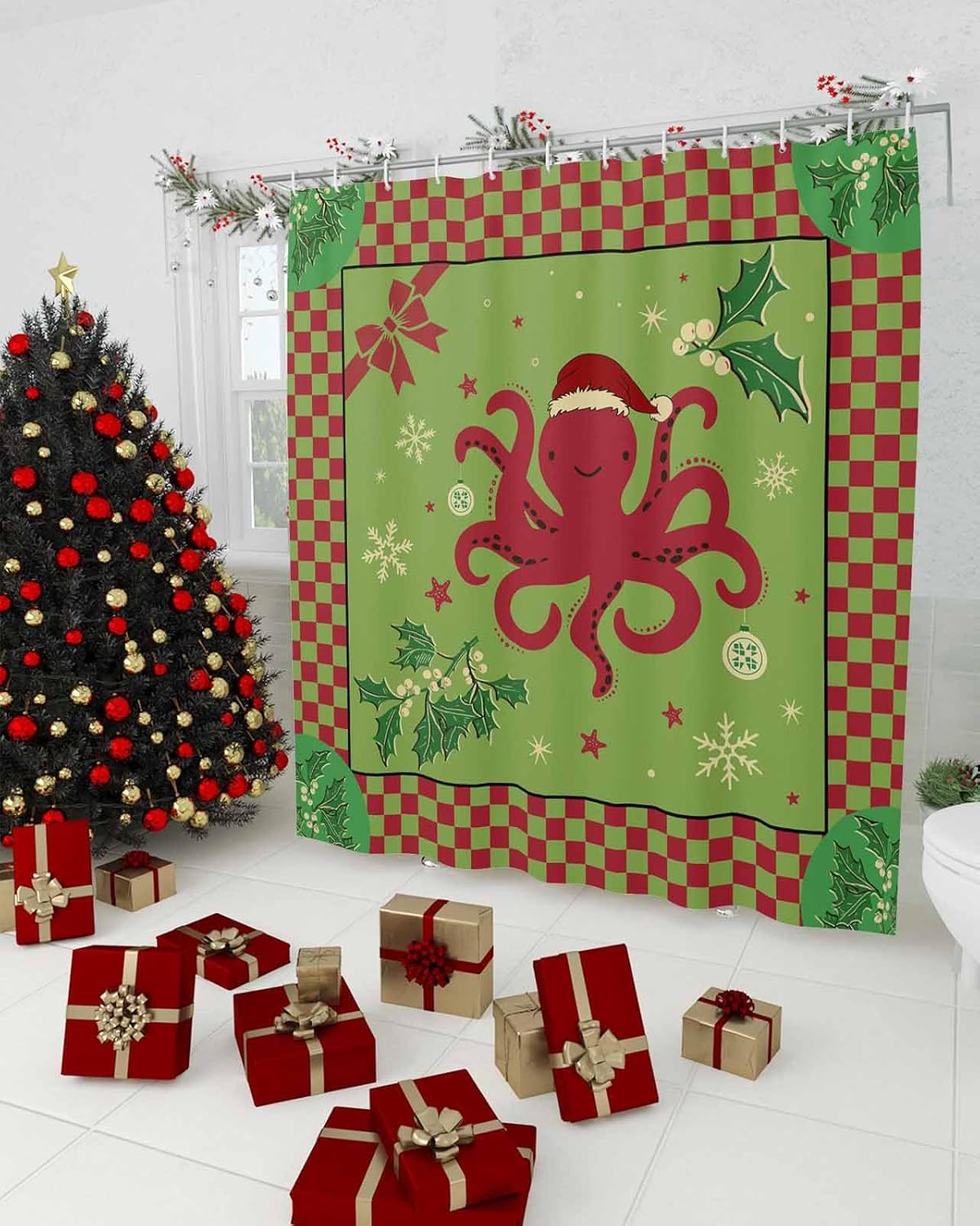72 Inches Christmas Octopus Shower Curtain Set with 12 Hooks