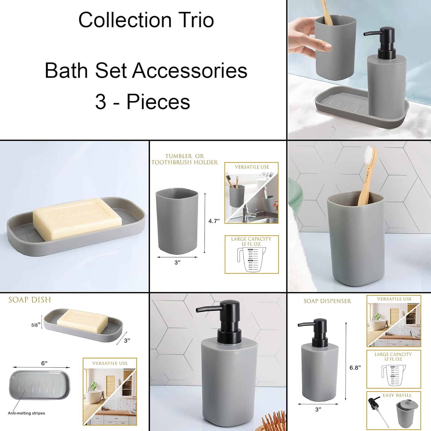 EVIDECO Gray Bathroom Set - 3 Piece Accessories