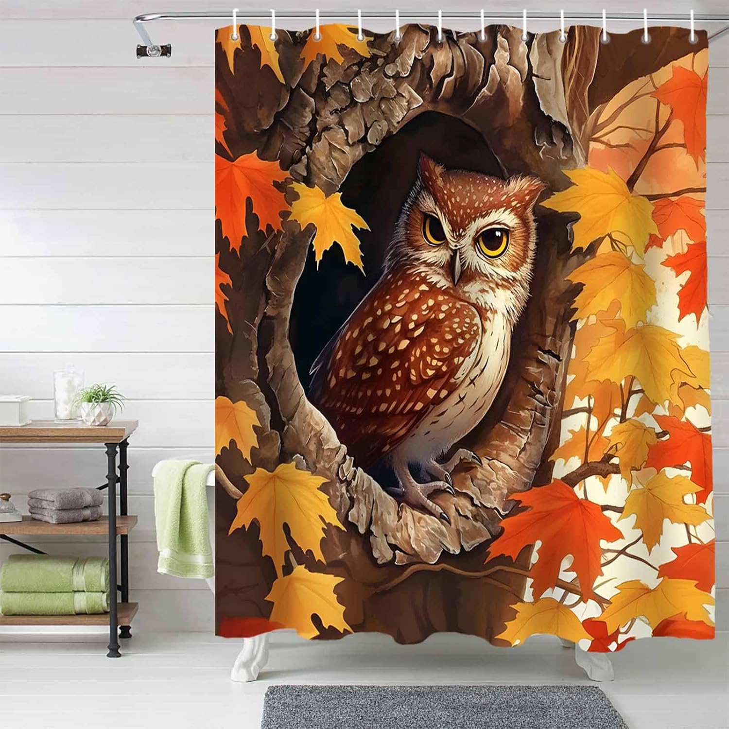 Funnywall88 72 Inches Owl Maple Tree Decor Shower Curtain Set