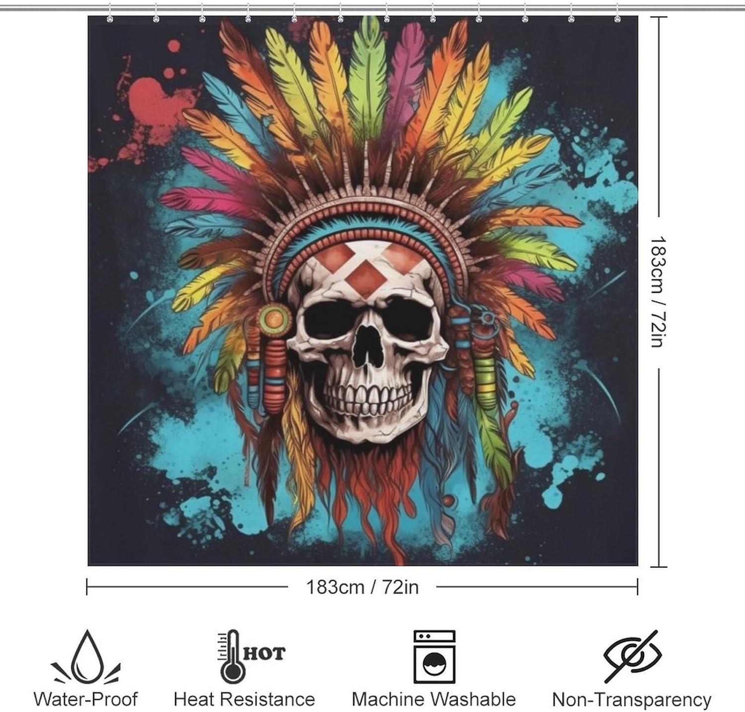 TIYAANDSY Blue Feather Skull Shower Curtain Set 72x72in