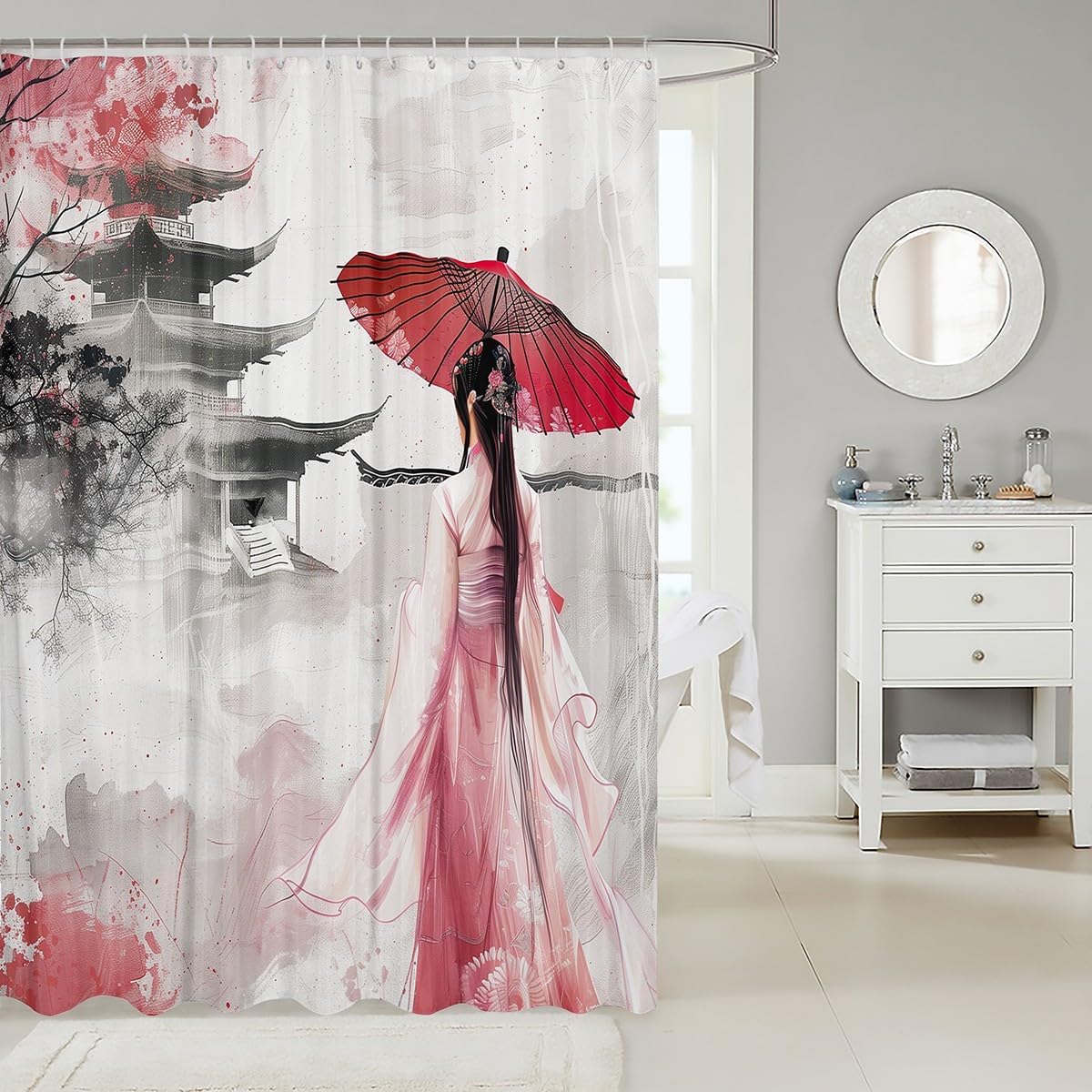 Erosebridal Asian Style Shower Curtain Set with Hooks