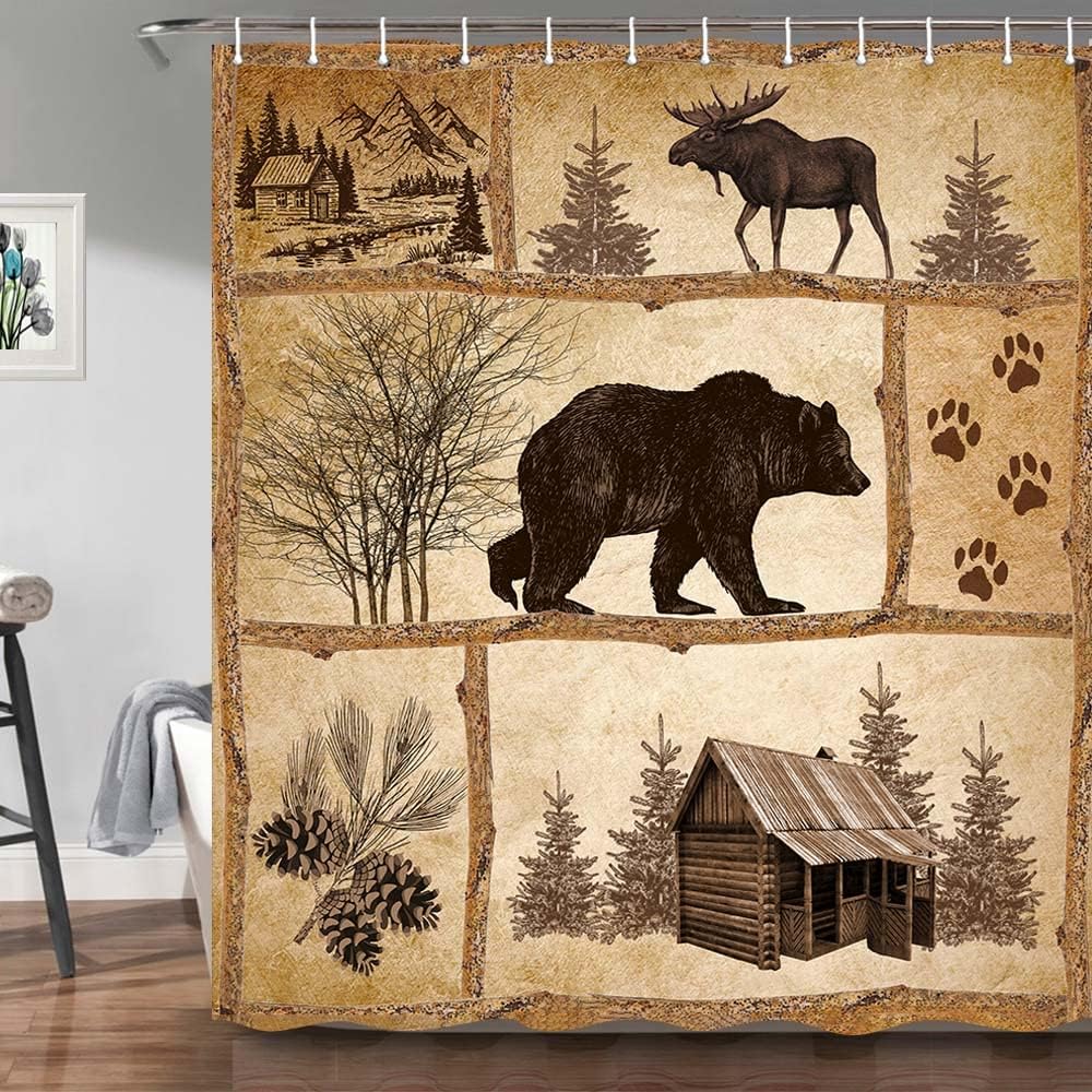 Rustic Cabin Shower Curtain Set with Hooks