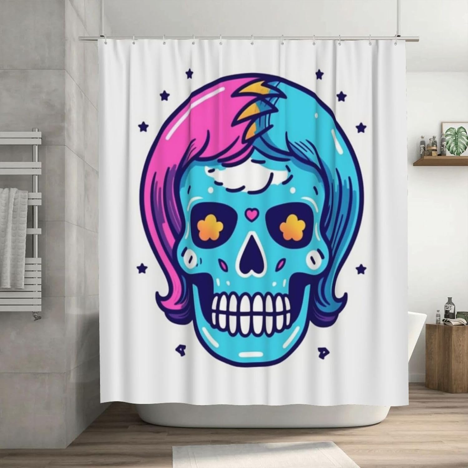 Red Blue Skull Shower Curtain Set with 12 Hooks 72x72in