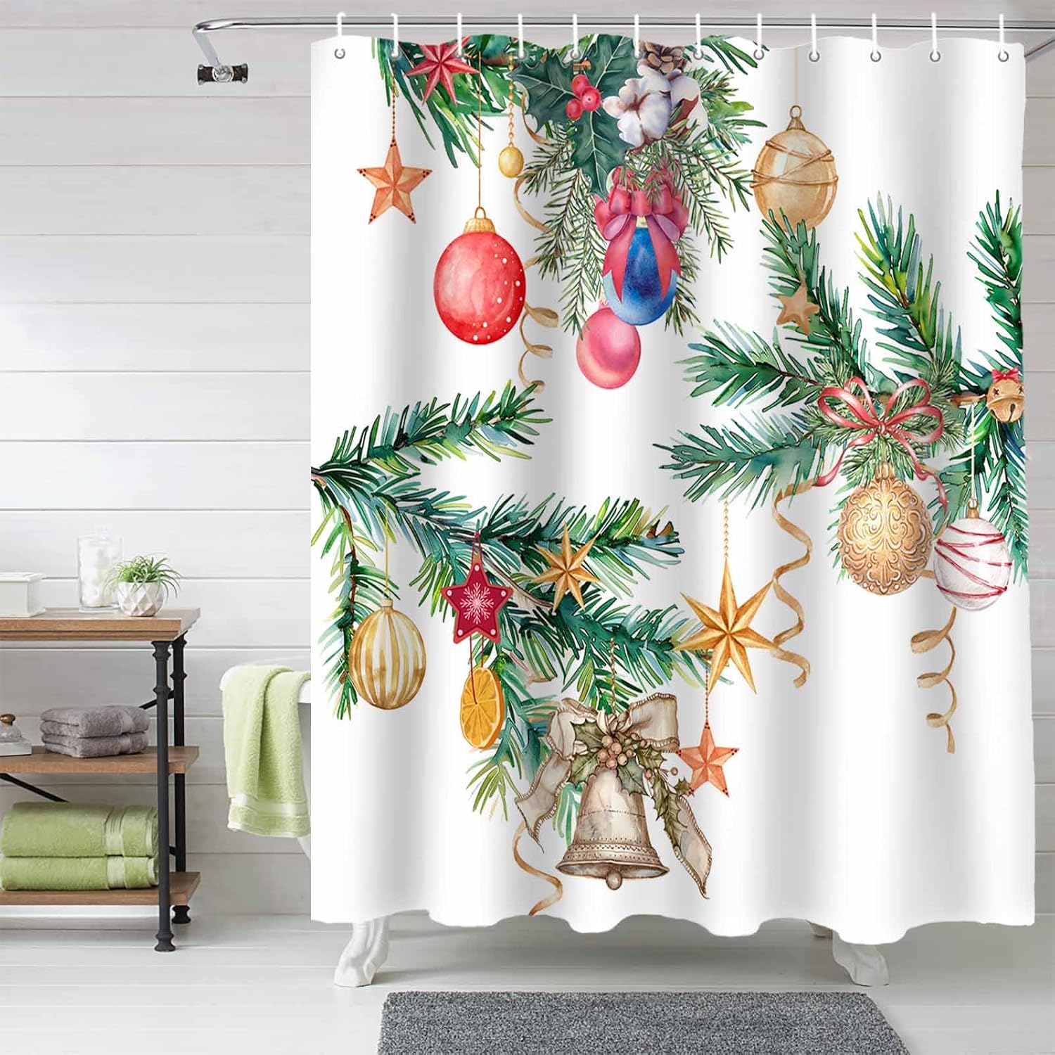 72 Inches Christmas Decor Shower Curtain Set with 12 Hooks