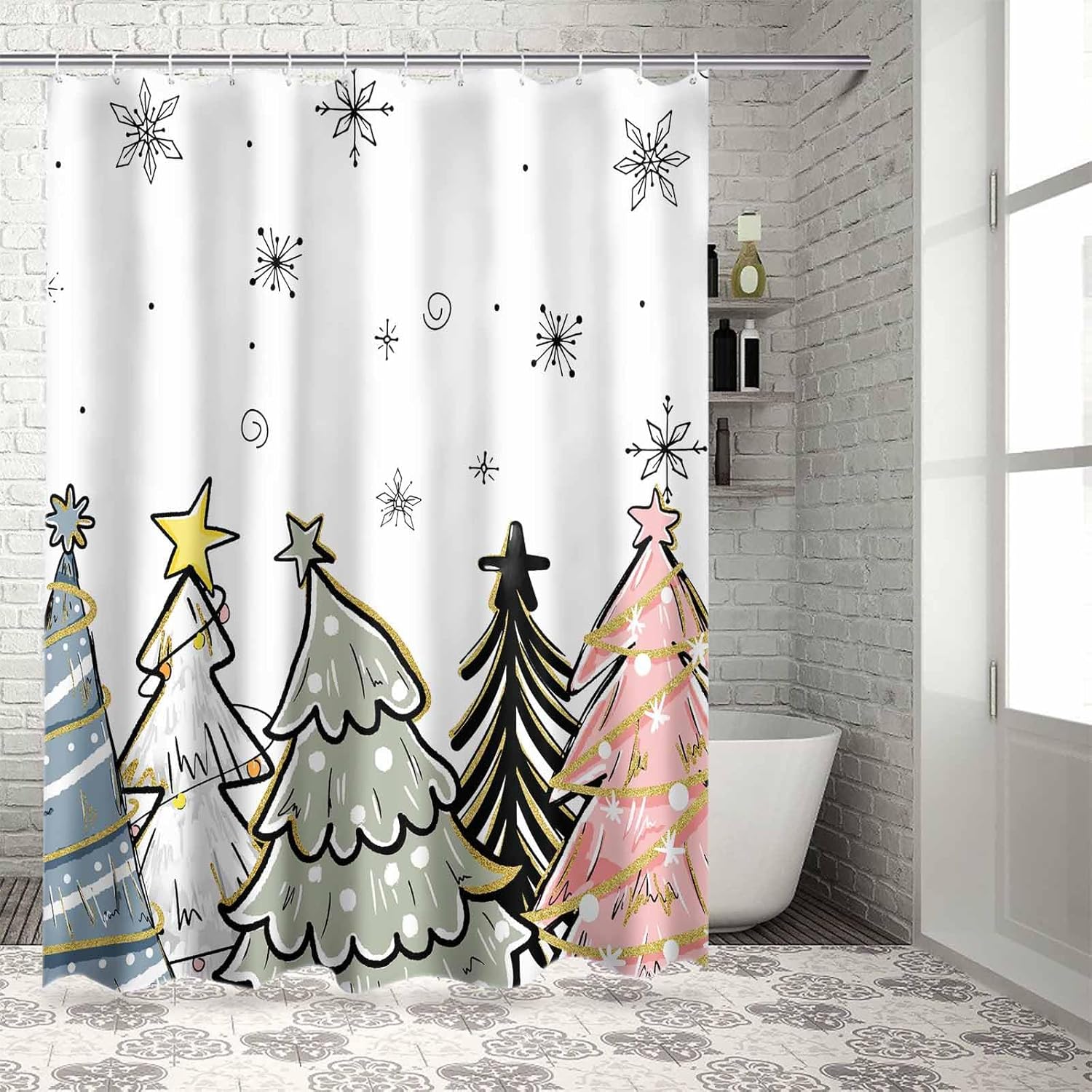 72 Sage Green Pine Tree Shower Curtain Set with 12 Hooks