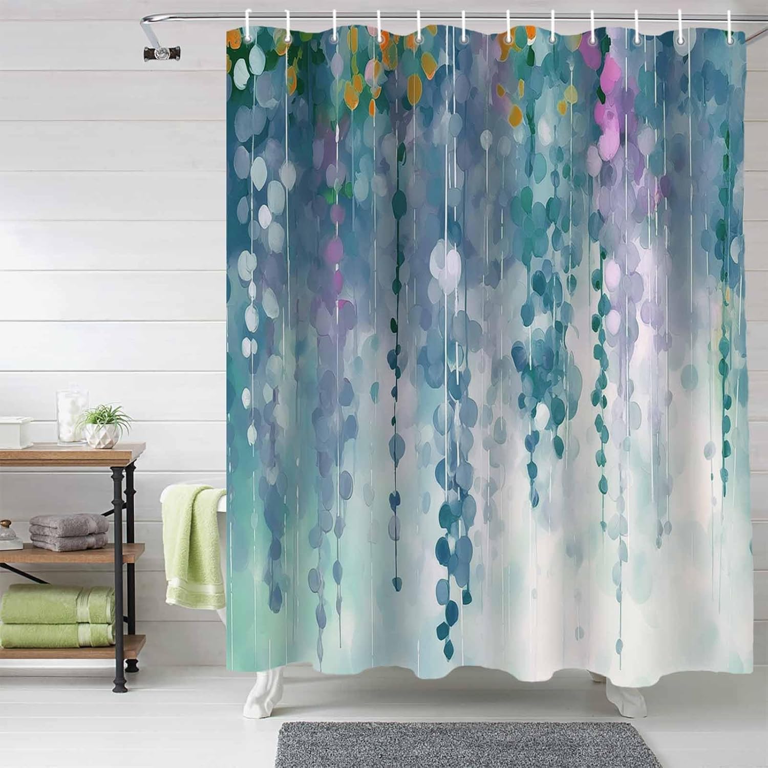 72 Inches Green Spring Floral Shower Curtain Set with 12 Hooks
