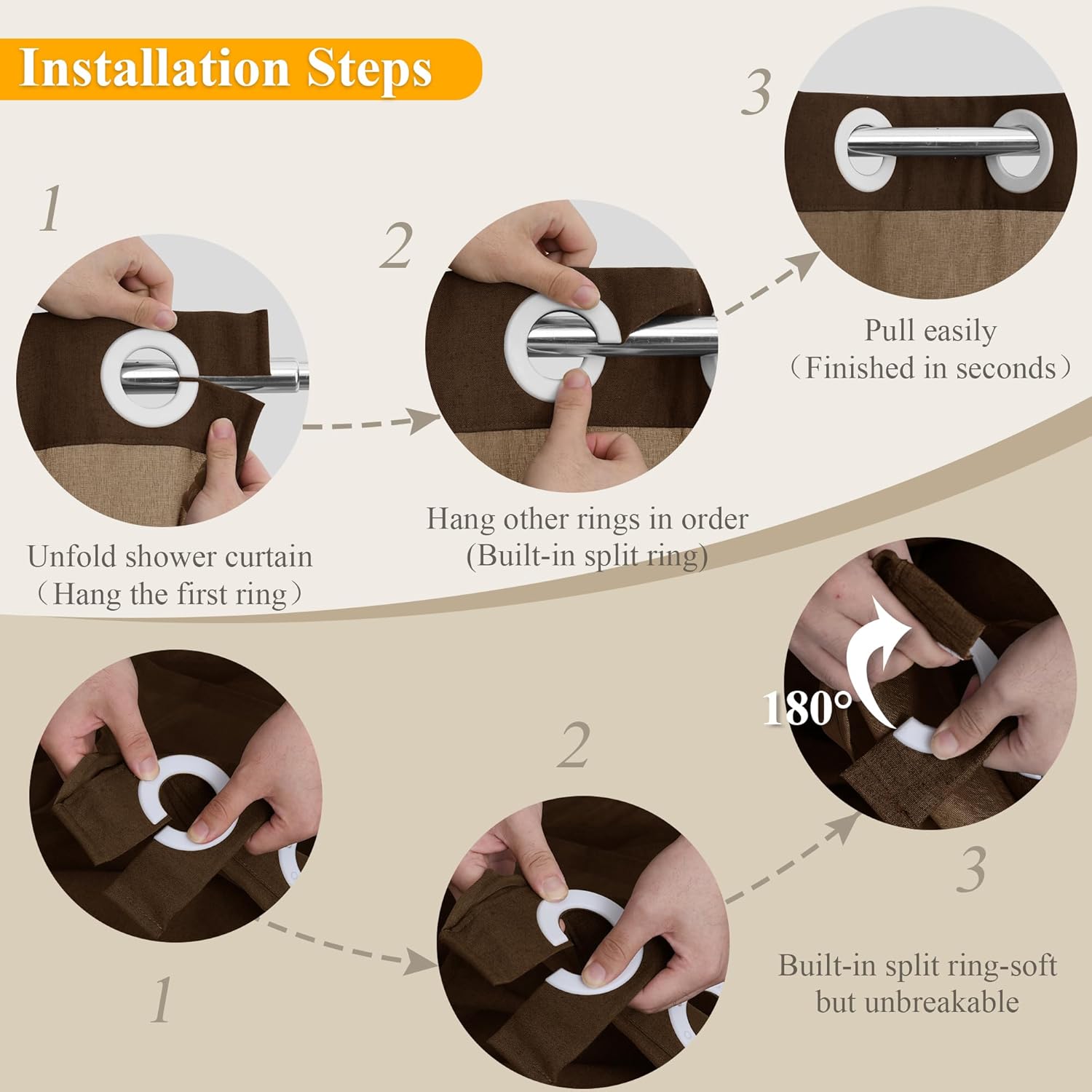 No Hooks Linen Shower Curtain Set 72x78 Brown with See-Through Window